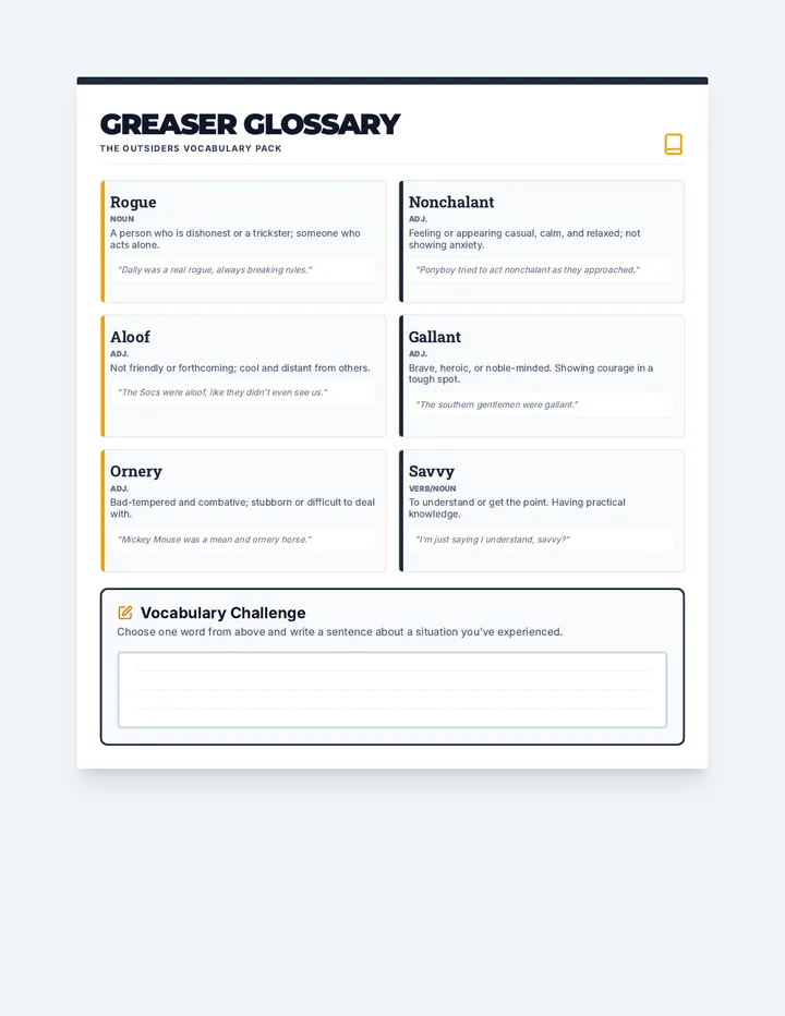 Greaser Glossary Vocab Cards