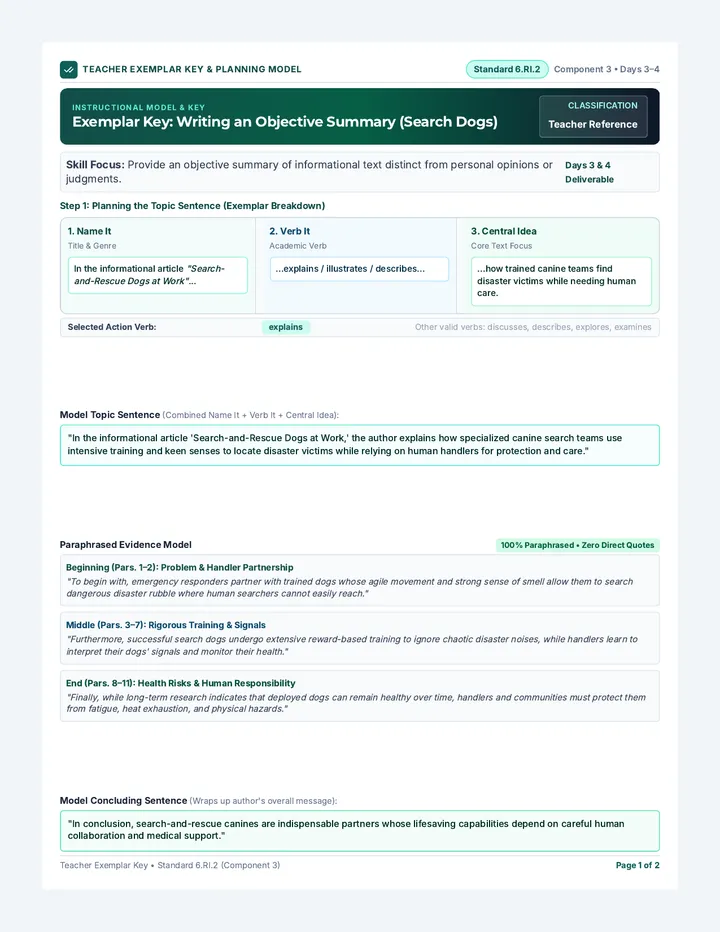 Objective Summary Exemplar Key