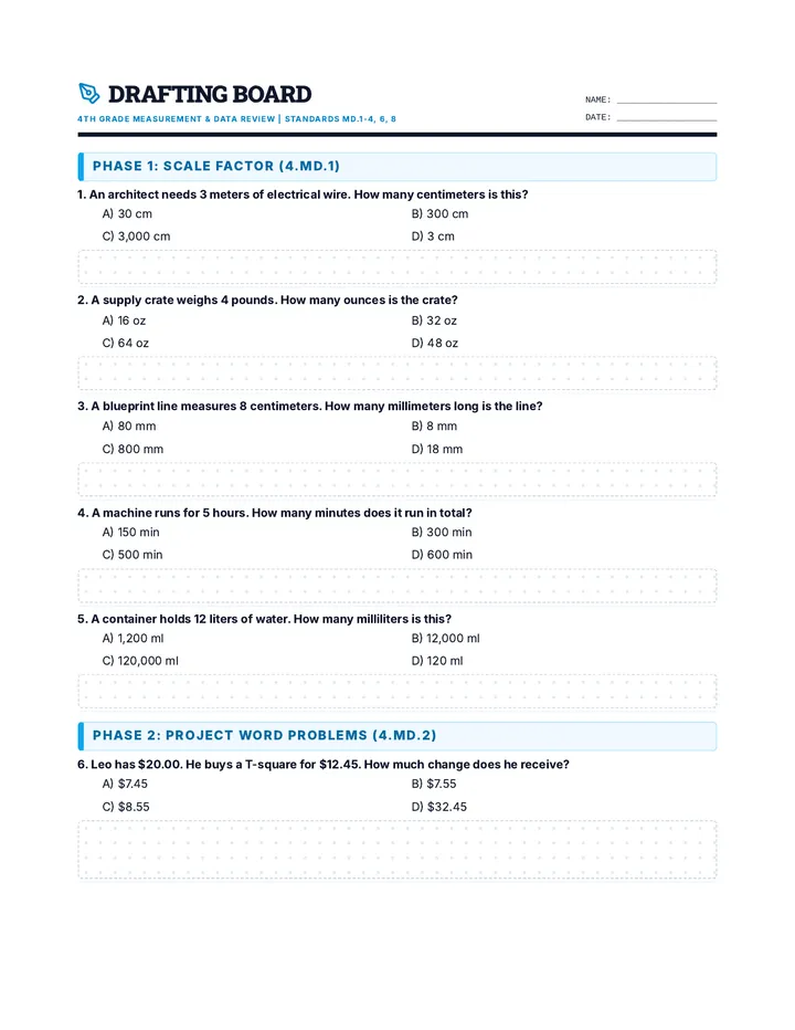 Drafting Board Measurement Worksheet