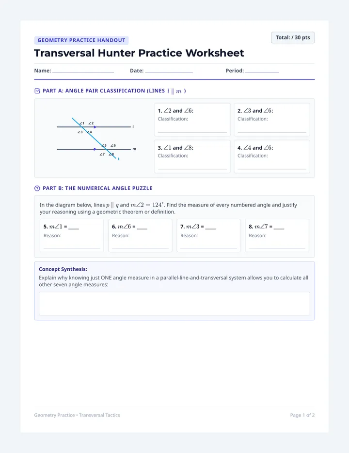 Transversal Hunter Practice Worksheet