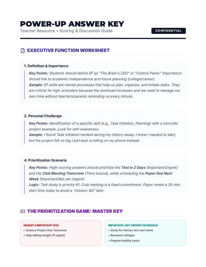 Executive Function Answer Key