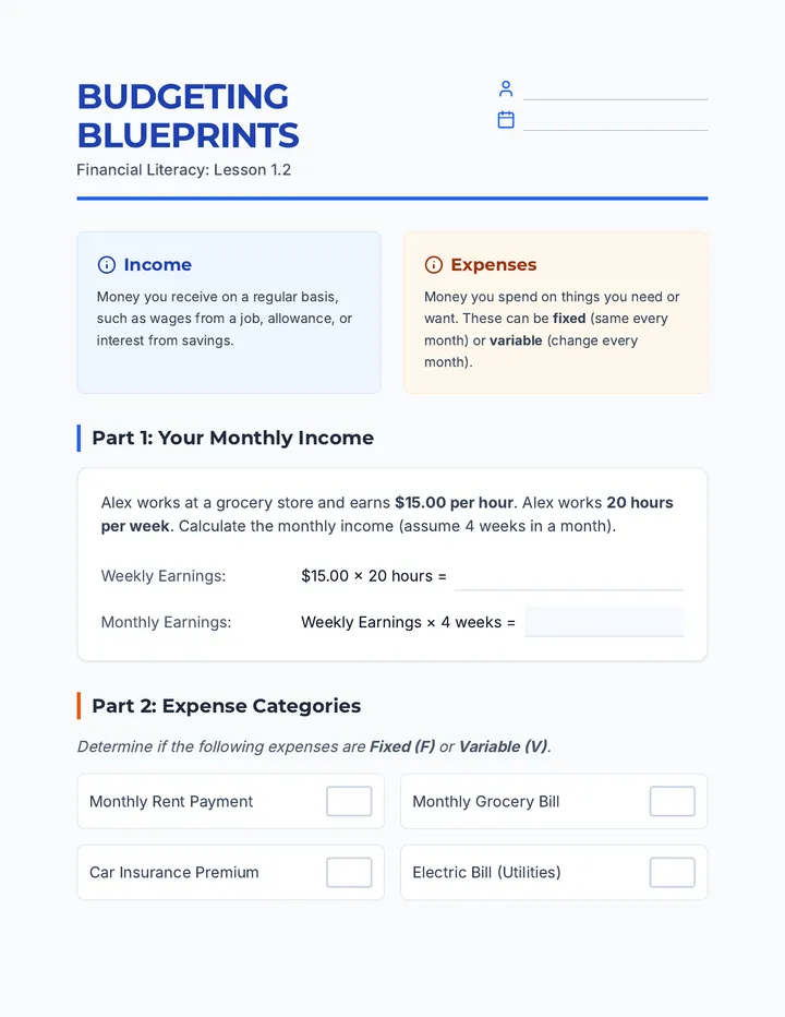 Budgeting Blueprints Worksheet