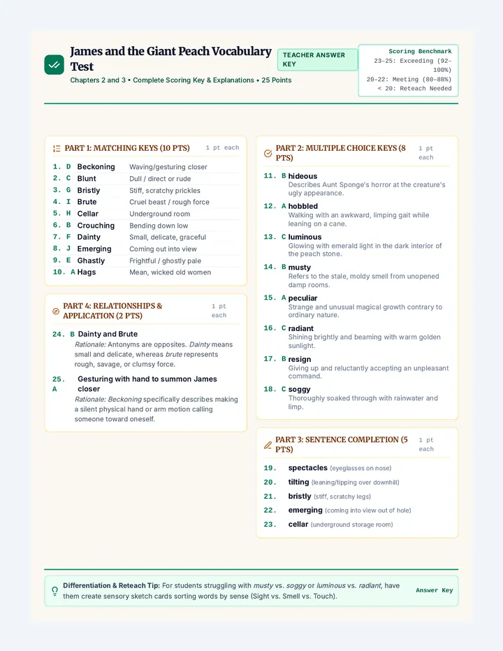 Giant Peach Vocabulary Answer Key