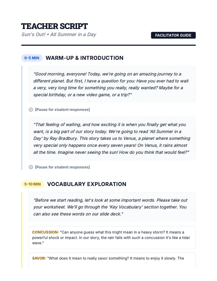 Sun's Out Teacher Script