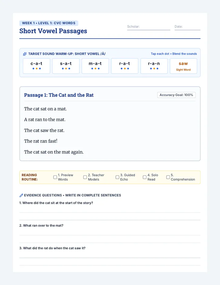 Short Vowel Passages Worksheet