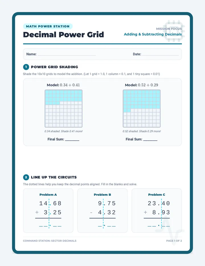 Decimal Power Grid Worksheet