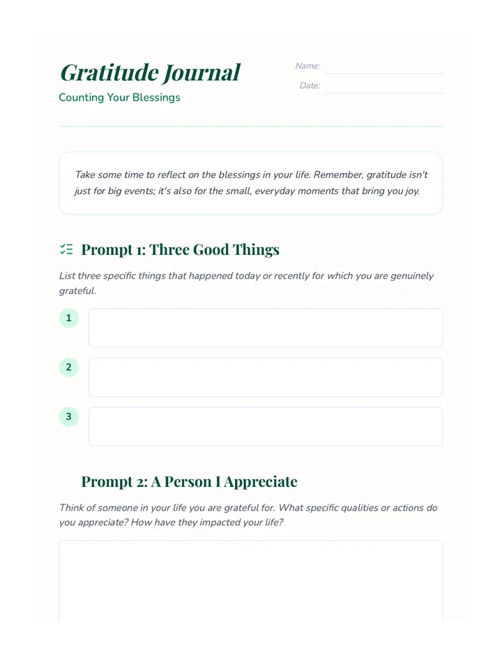 Gratitude Journal Prompt Worksheet