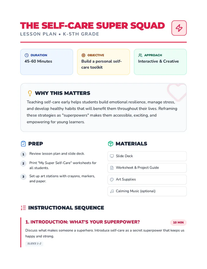 Self-Care Super Squad Lesson Plan