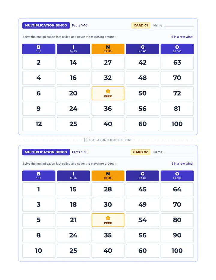 Fact Blitz Bingo Cards