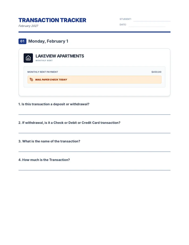 February Transaction Tracker Worksheet