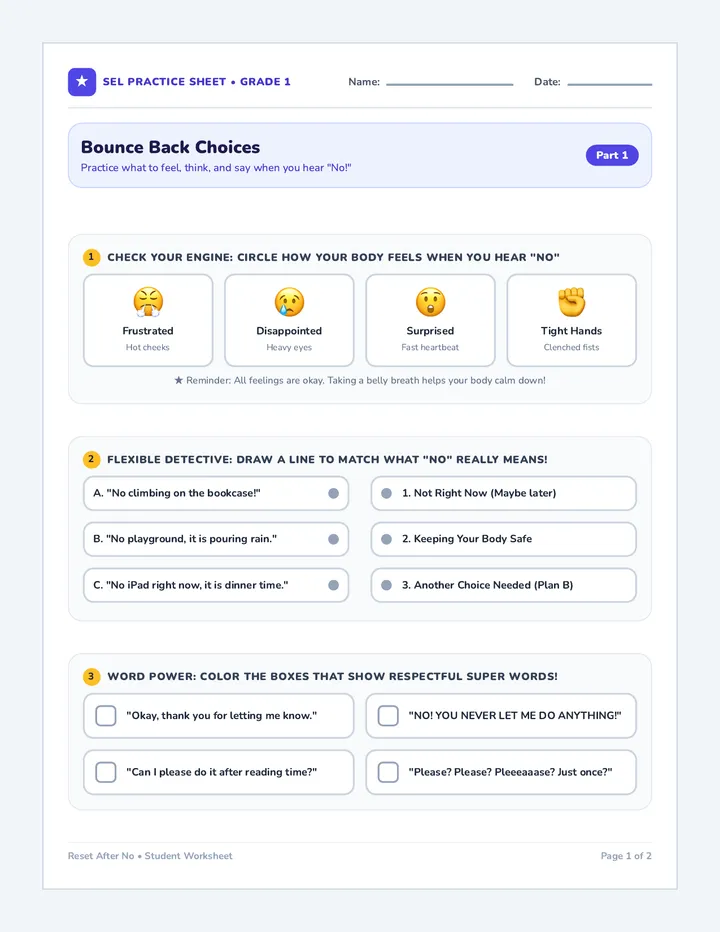 Bounce Back Choices Worksheet