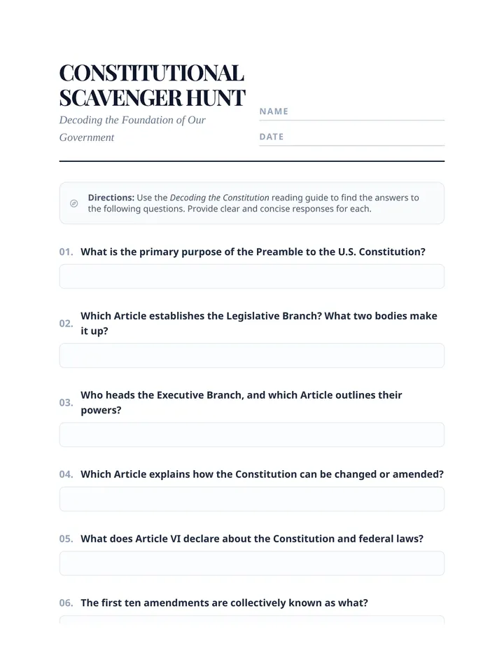 Constitutional Scavenger Hunt Worksheet