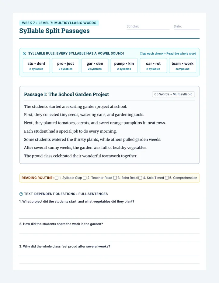 Syllable Split Passages Worksheet