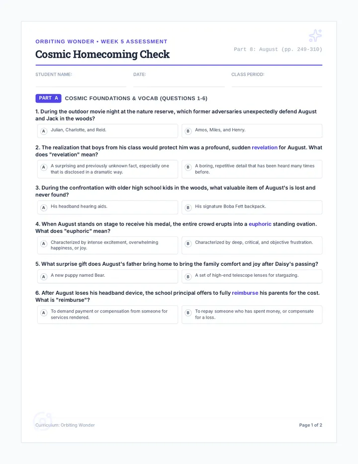 Cosmic Homecoming Check Worksheet