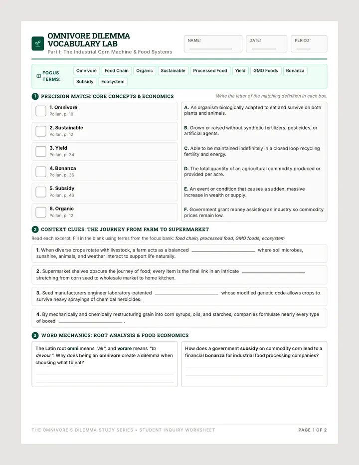 Omnivore Dilemma Vocabulary Worksheet