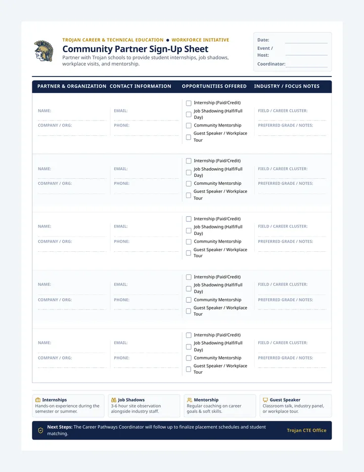 Trojan Partner Sign Up Sheet