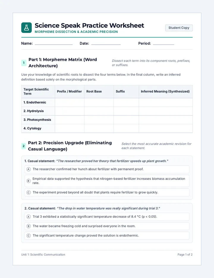 Science Speak Worksheet