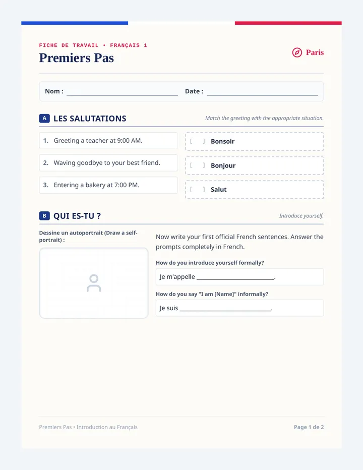 Premiers Pas Worksheet