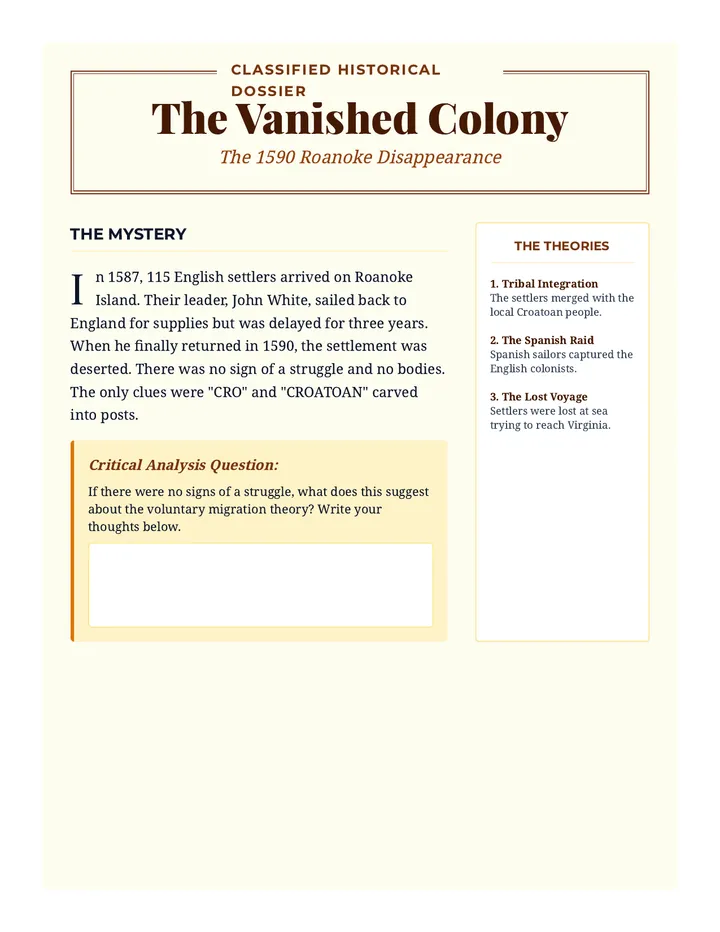 Roanoke Riddles Worksheet