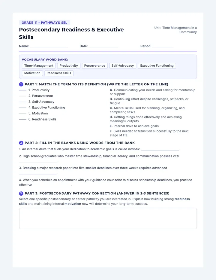 Postsecondary Pathways Vocabulary Worksheet