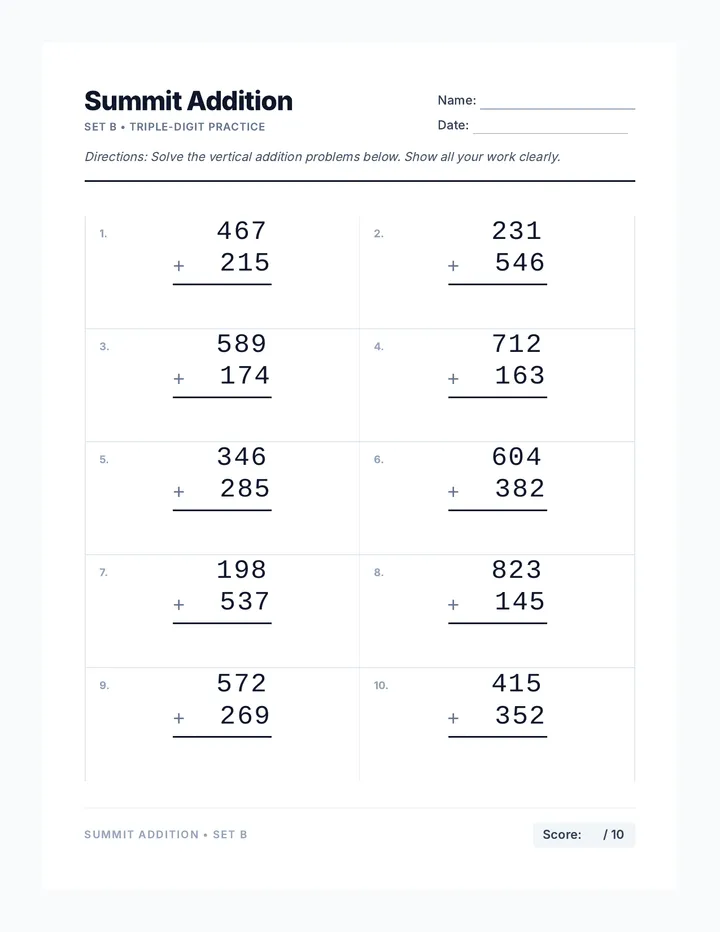Summit Addition Worksheet 2
