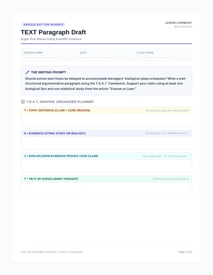 TEXT Writing Worksheet