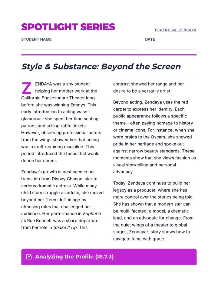Zendaya Biography Worksheet