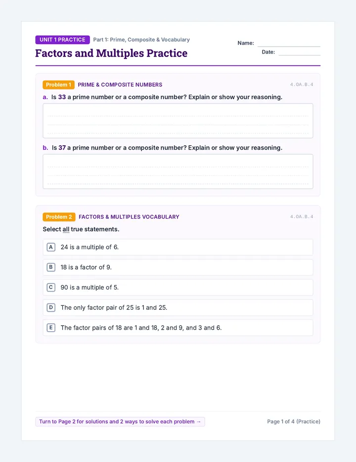 Factors and Multiples Practice Worksheet
