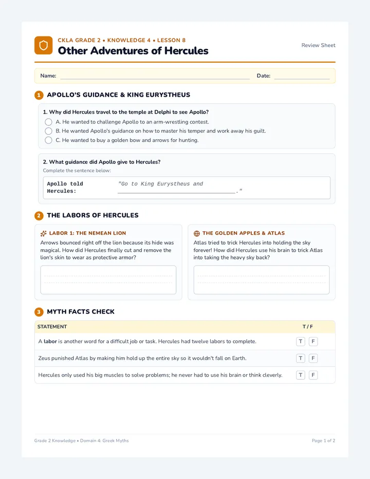 Hercules Adventures Review Sheet