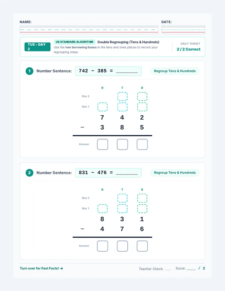Tuesday Subtraction Worksheet