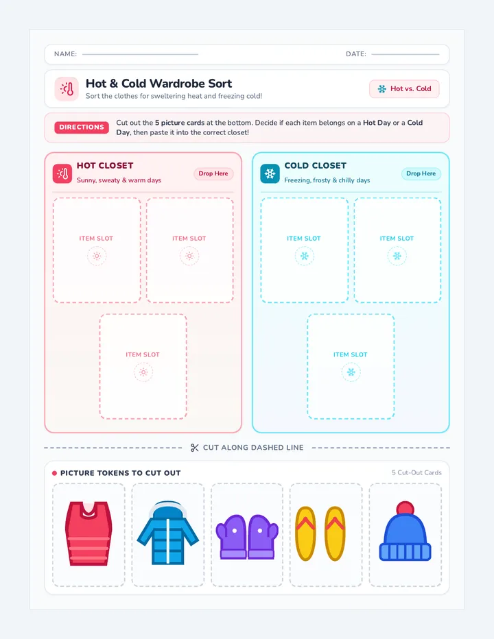 Hot Cold Wardrobe Sort Activity