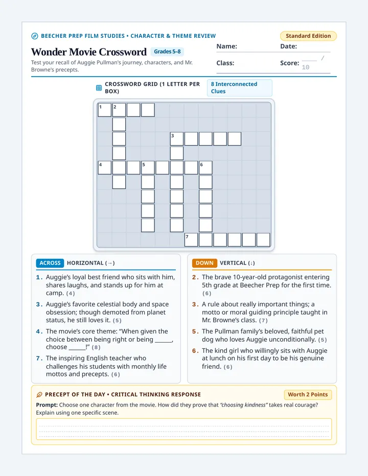 Wonder Crossword Worksheet