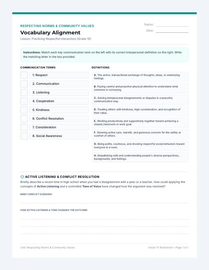 Practicing Respectful Interactions Vocabulary Worksheet