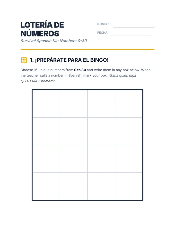 Numbers Bingo Worksheet