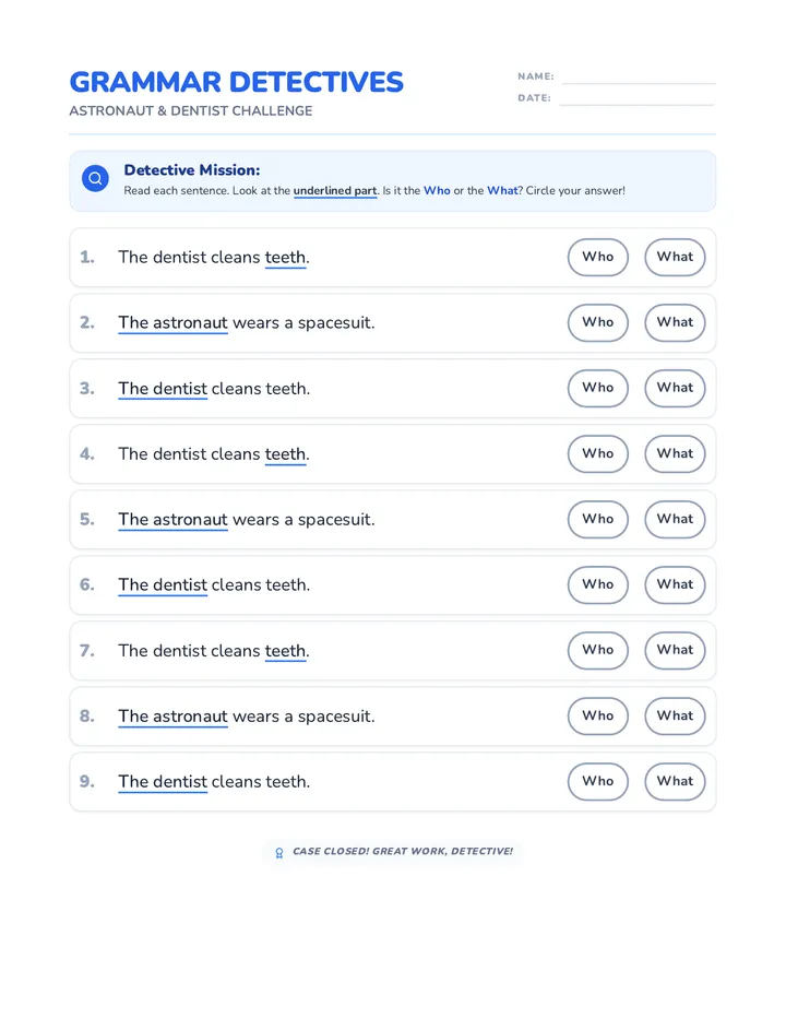 Astronaut and Dentist Worksheet Shuffled