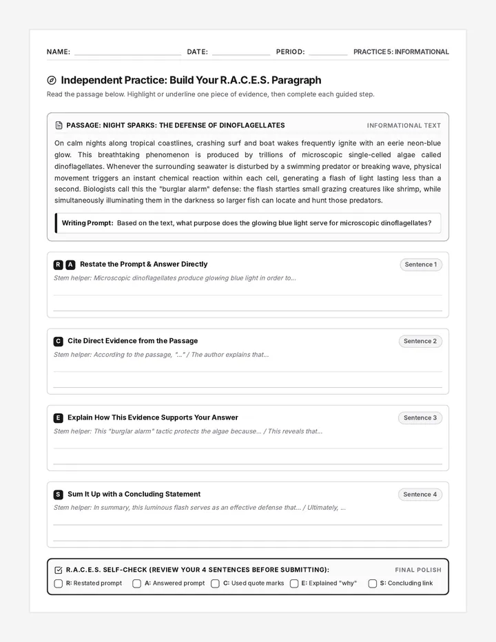 Glowing Dinoflagellates RACES Worksheet