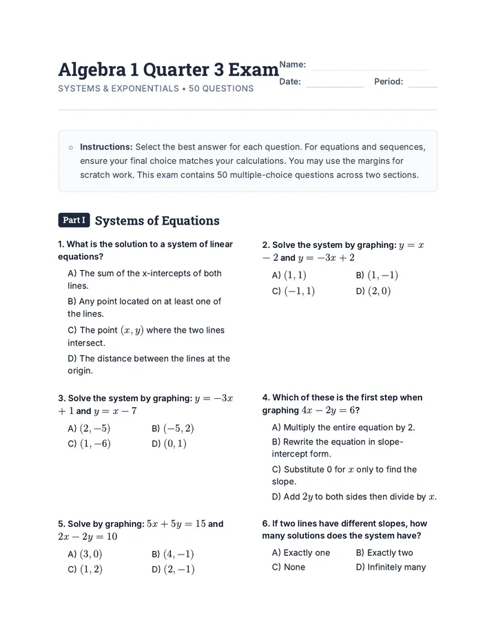 Algebra 1 Quarter 3 Exam Document