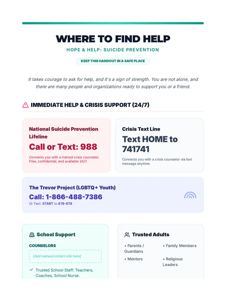 Hope and Help Student Resource Handout Document