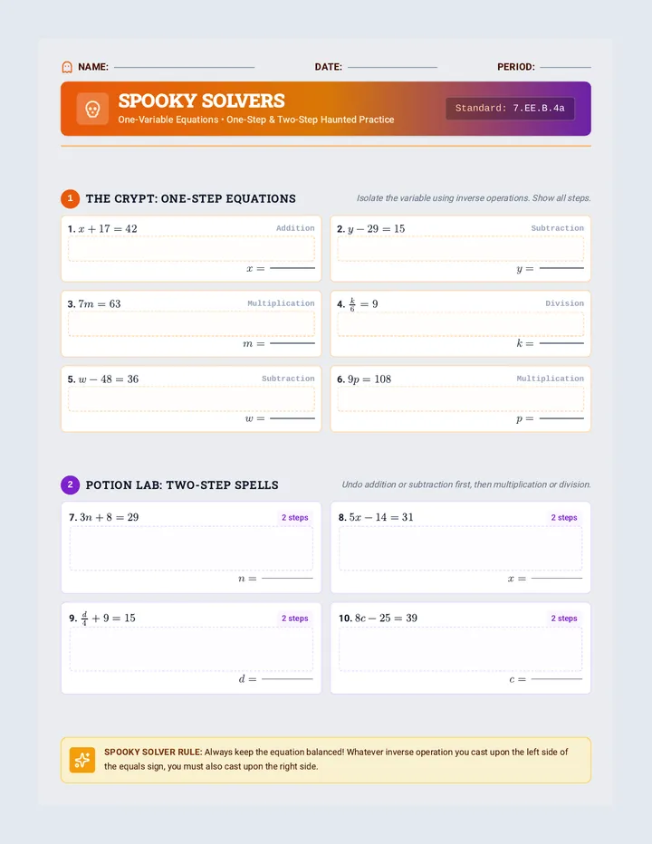 Spooky Solvers Worksheet