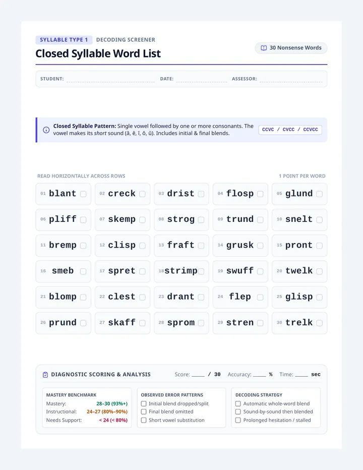 Closed Syllable Word List