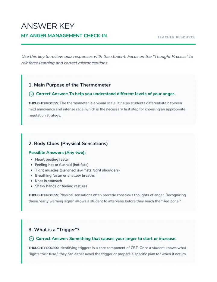 My Anger Management Check-in Answer Key Teacher Resource