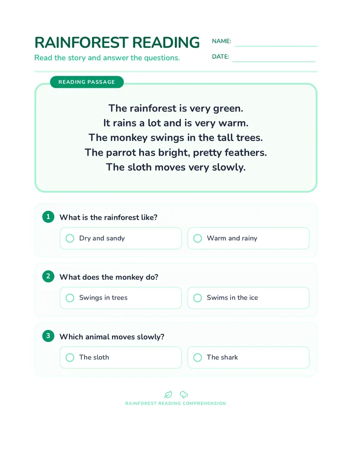 Rainforest Reading Worksheet