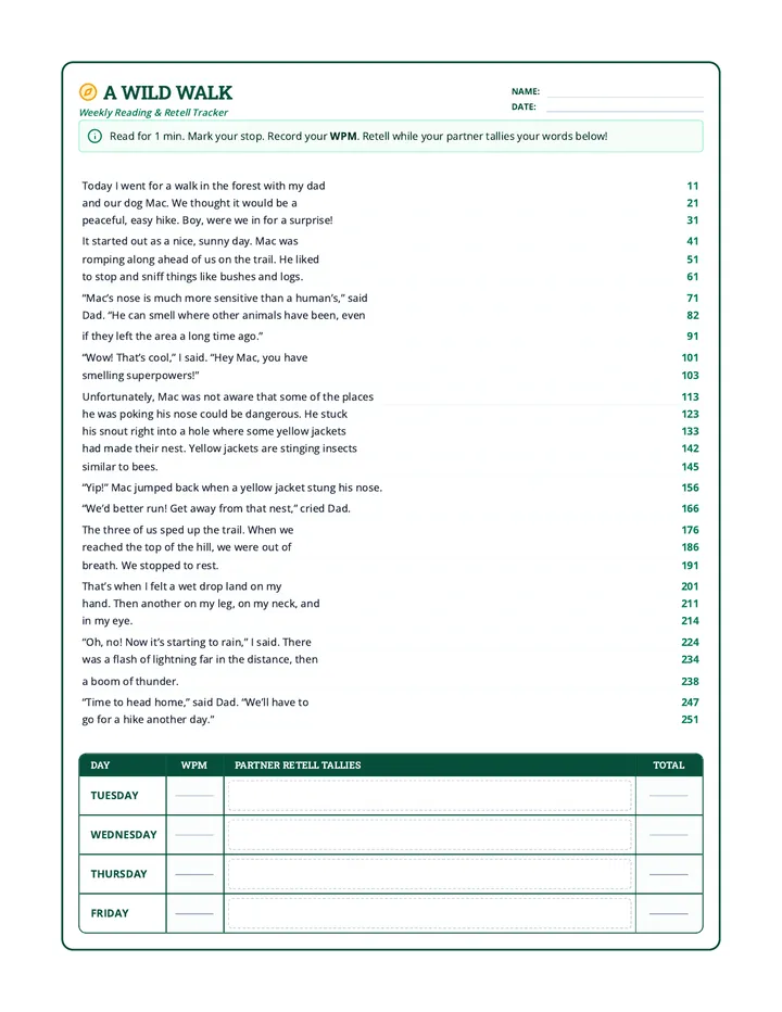 A Wild Walk Fluency Worksheet