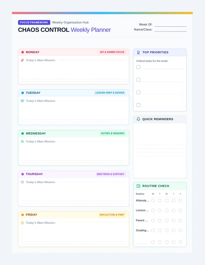 Chaos Control Weekly Planner page 1