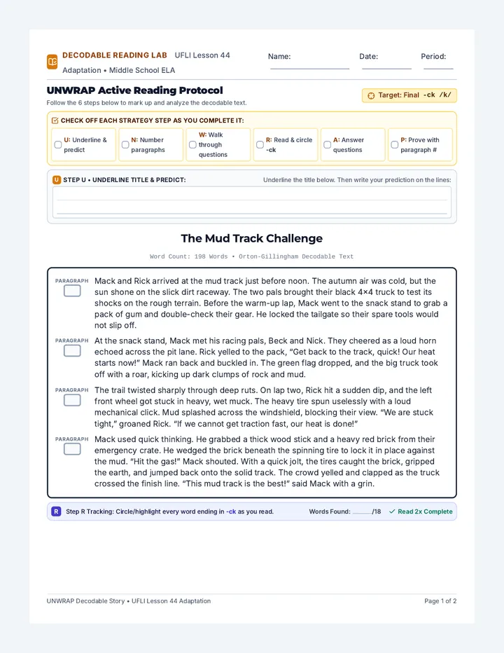 Mud Track Story Worksheet