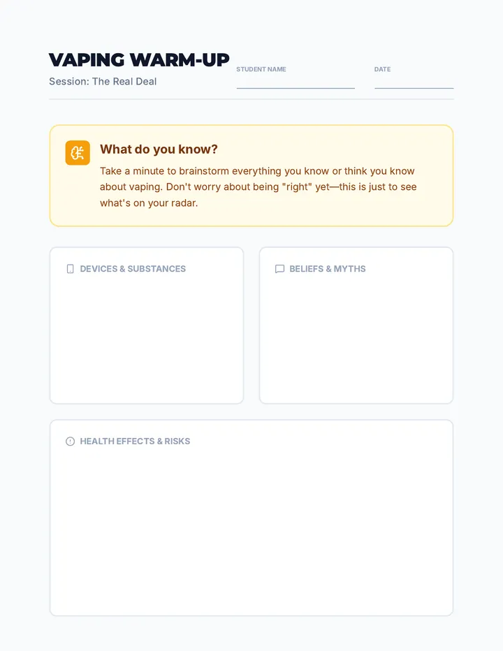 Real Deal Warm Up Worksheet