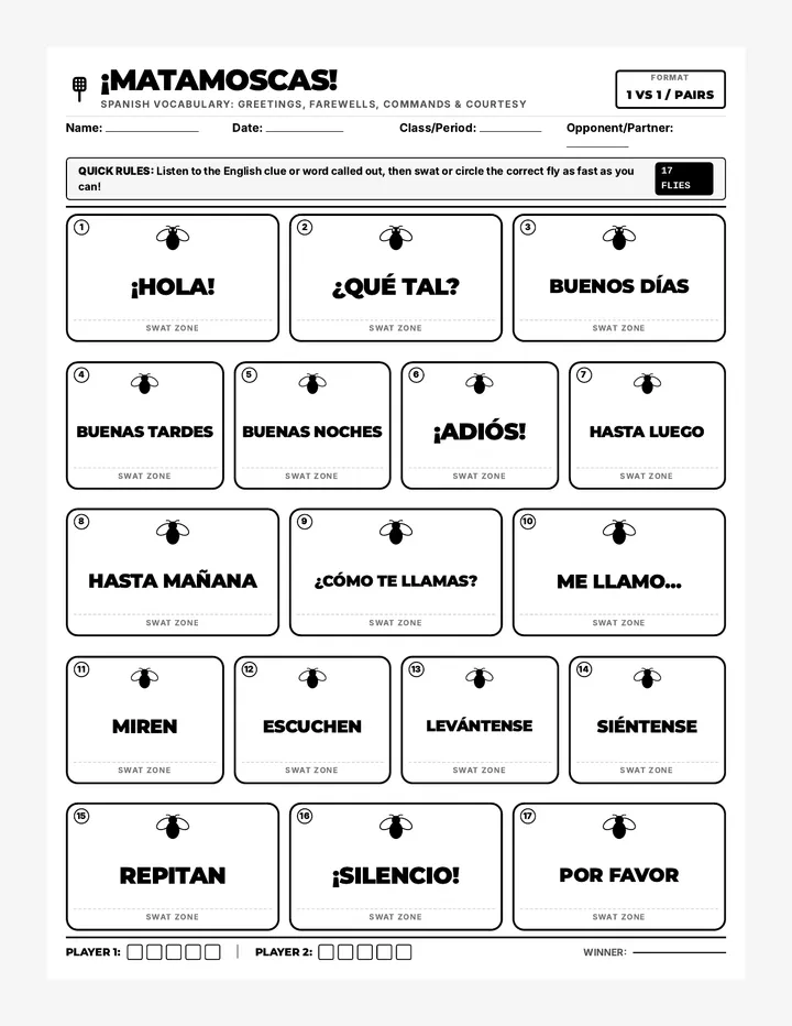 Matamoscas Game Worksheet