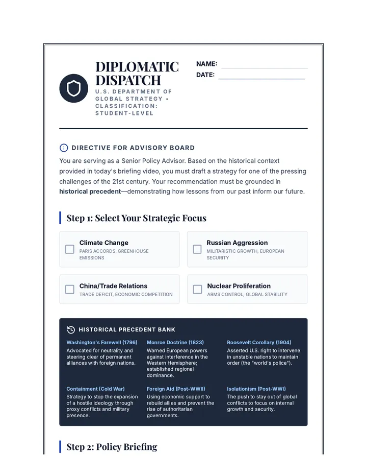 Diplomatic Dispatch Activity Sheet