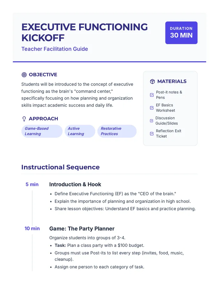 Executive Functioning Kickoff Lesson Plan