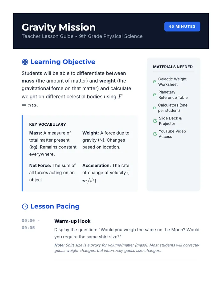 Gravity Mission Lesson Guide